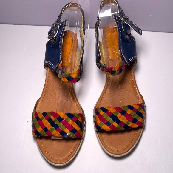 Womens Multicolor Woven Leather Ankle Strap Wedge Sandals Sz 4 Boho Indie Mexico - Picture 4 of 9